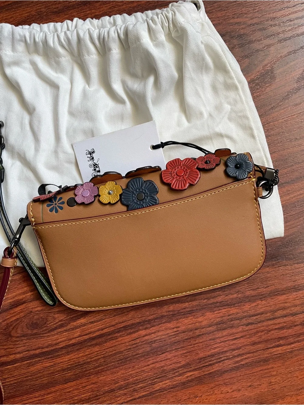 COACH Tan Floral Appliqué Leather Wristlet Clutch with Multicolor Flowers